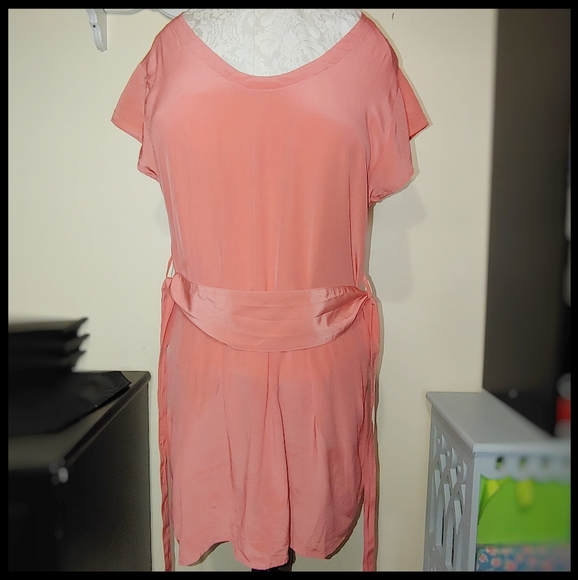 Silk Salmon Colored Belted Tunic, M - Picture 2 of 6